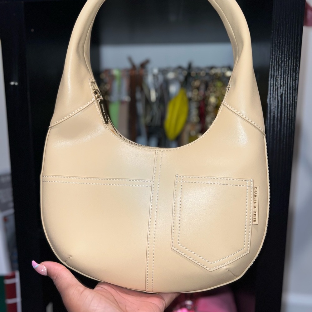 Charles and Keith Anthea Contract Stitching Hobo Bag in Beige